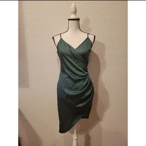Green Satin Spaghetti Strap Wrap Dress